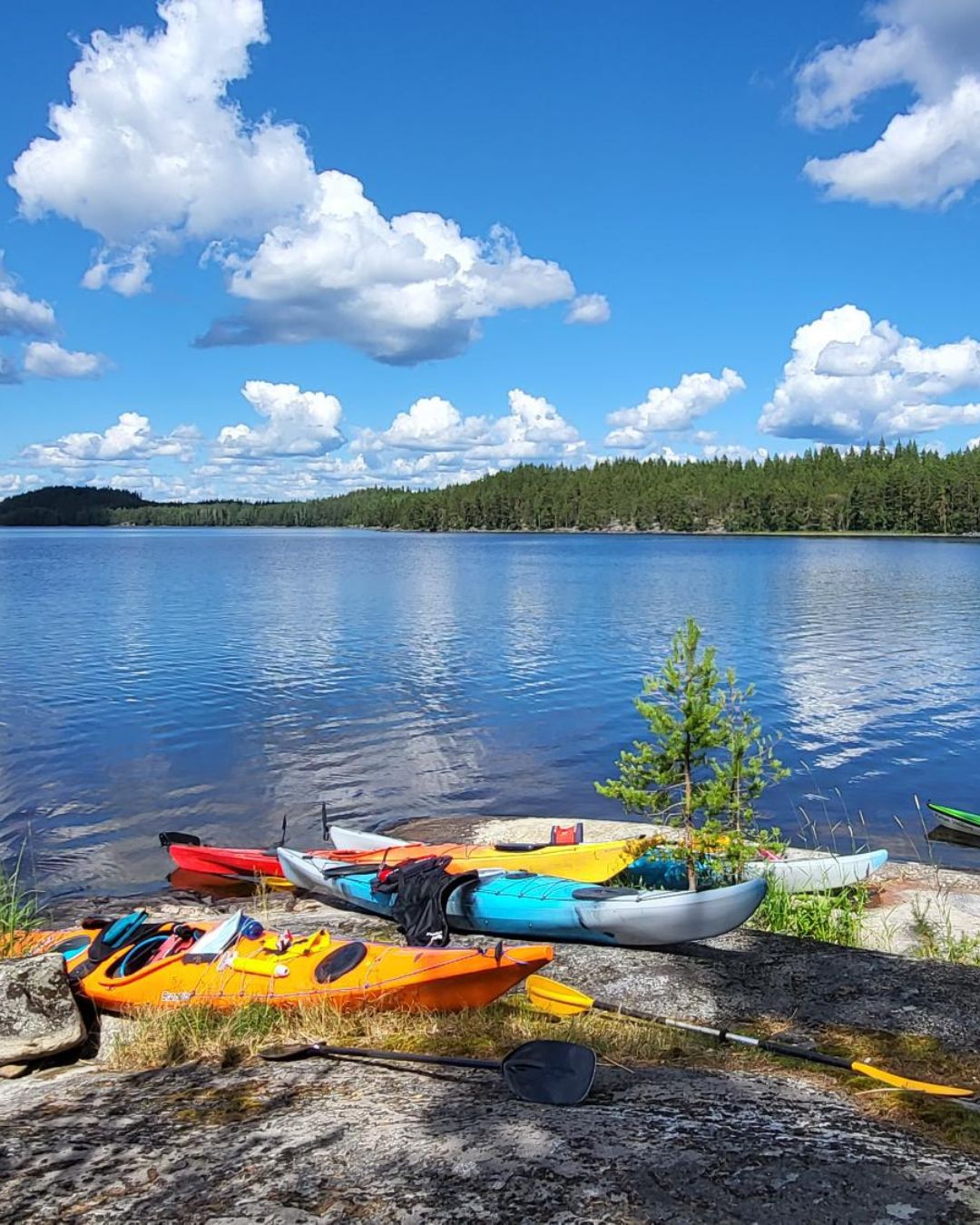 Joukko meloo kajakeilla Liperin ja Heinäveden satamista. Rantautuminen ja eväiden syönti luodolla.